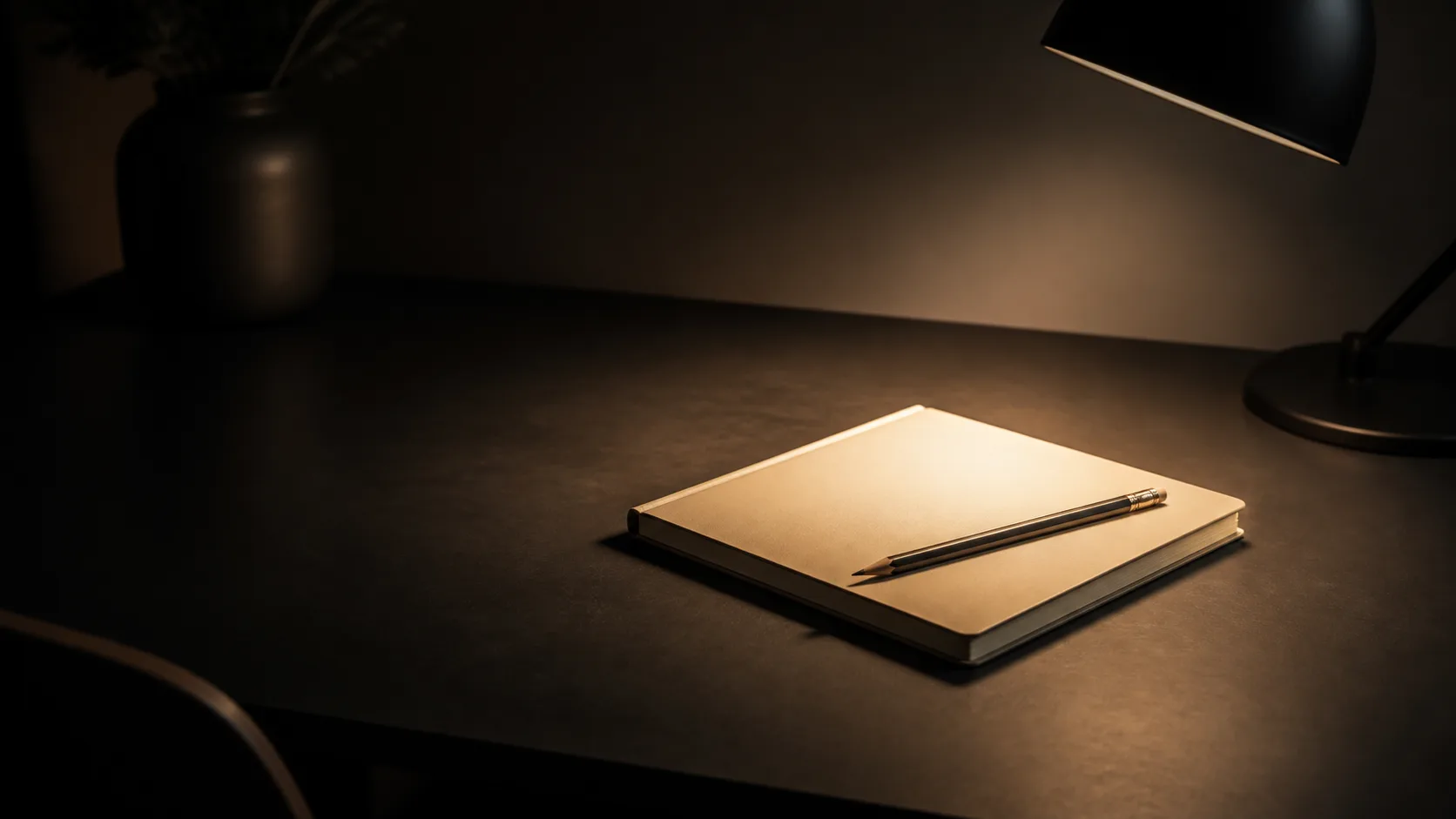 Caderno e lápis iluminados em uma mesa livre de distrações, representando foco.