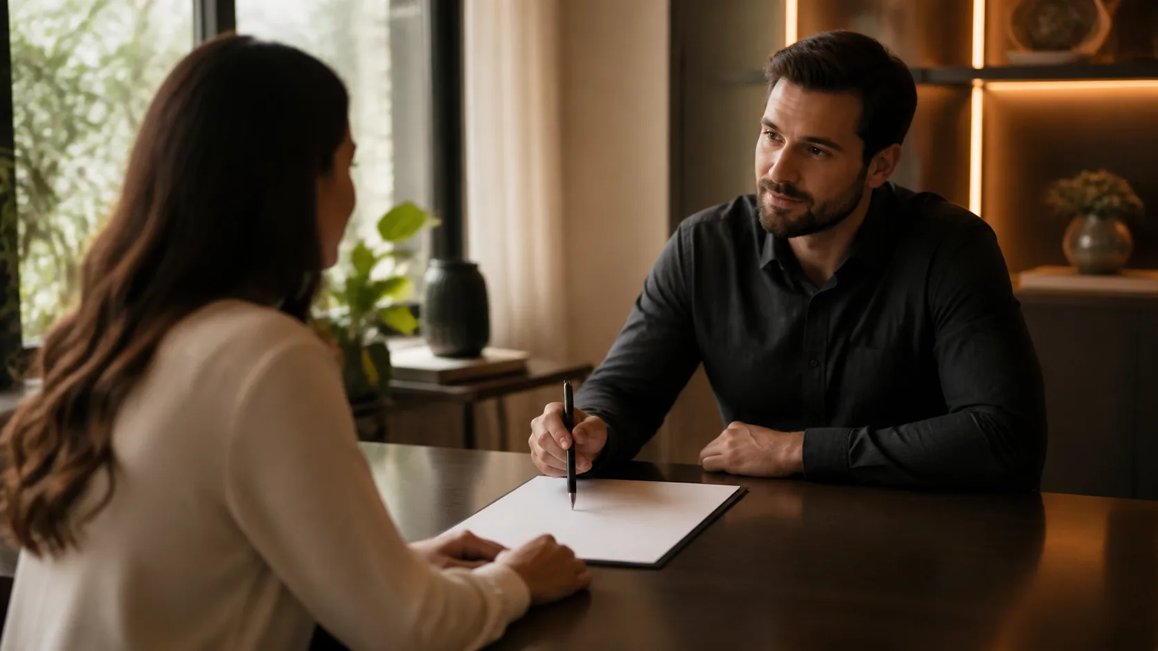 Duas pessoas em conversa de trabalho diante de uma proposta simples sobre a mesa.