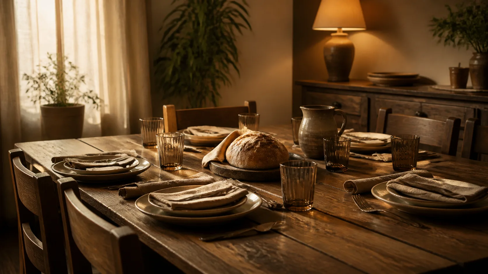 Mesa de jantar preparada em ambiente doméstico iluminado de forma acolhedora.